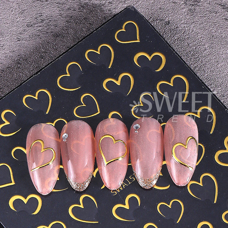 4pcs Valentine's Day Nail Art Stickers 3D Gold/Silver French Lines Love Heart Nail Decals Adhesive Slider Manicure Decorations