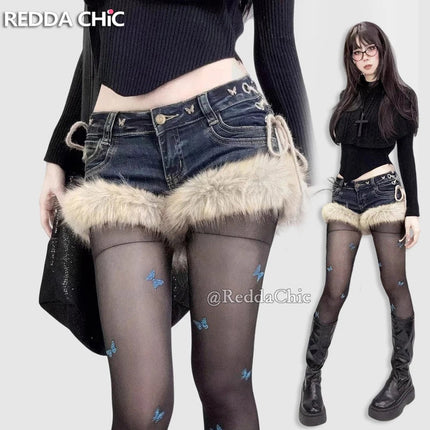 REDDACHiC Gyaru Y2k Low Rise Jean Shorts Trendy Butterfly Rivets Hollow Lace-Up Furry Cuffs Denim Shorts Retro Hot Women Bottoms PlatiNum