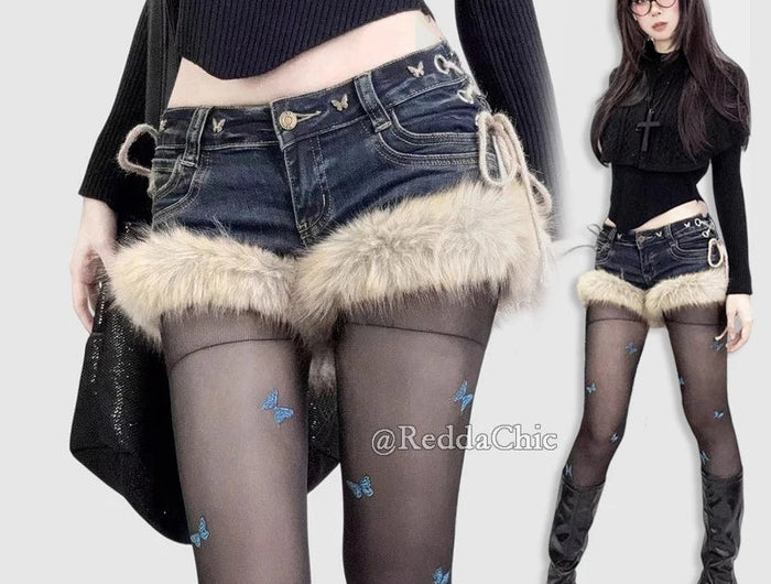 REDDACHiC Gyaru Y2k Low Rise Jean Shorts Trendy Butterfly Rivets Hollow Lace-Up Furry Cuffs Denim Shorts Retro Hot Women Bottoms PlatiNum