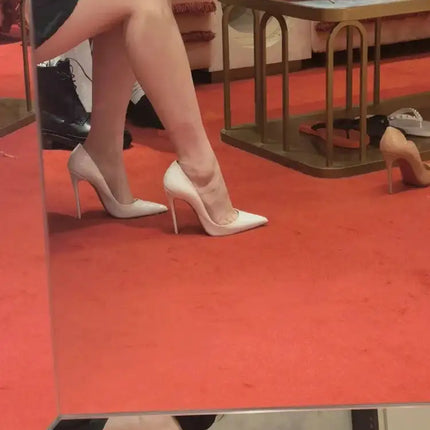 Tacchi altissimi personalizzati multicolori da 12 cm, pelle verniciata bianca nuda, suola rossa sexy, scarpe sottili a punta per ordine singolo platinumshop