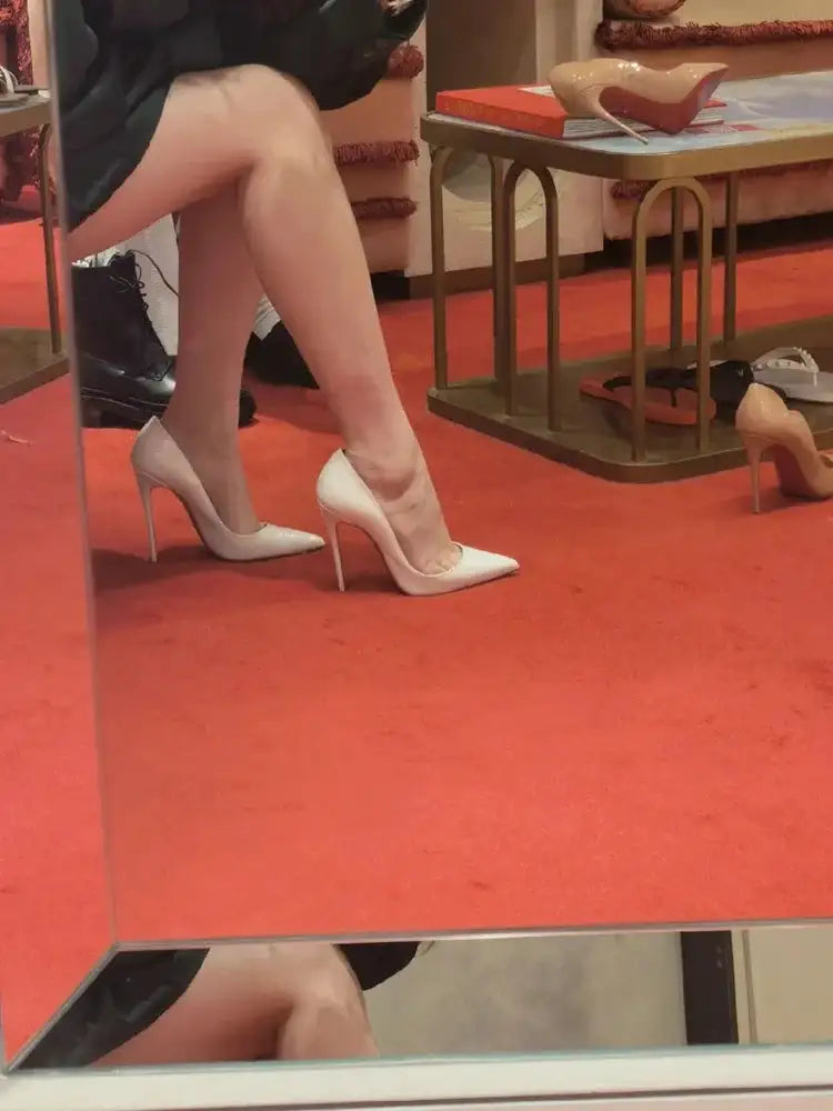 Tacchi altissimi personalizzati multicolori da 12 cm, pelle verniciata bianca nuda, suola rossa sexy, scarpe sottili a punta per ordine singolo platinumshop