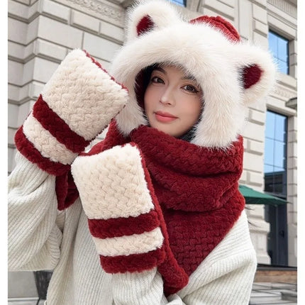 Women's Hat Beanie Balaclava Winter Cap Winter Women's Cute Thickened Fox Plush Hat Scarf Glove Three-in-one Cycling Warmth
