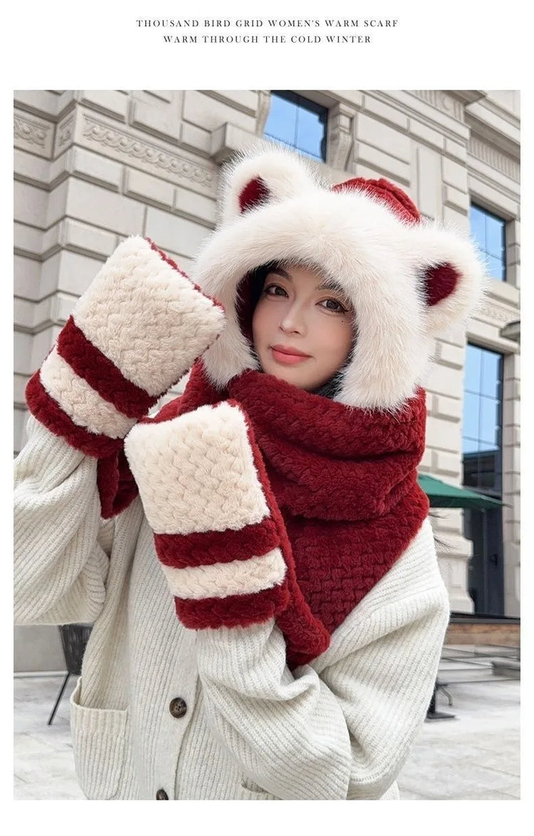 Women's Hat Beanie Balaclava Winter Cap Winter Women's Cute Thickened Fox Plush Hat Scarf Glove Three-in-one Cycling Warmth