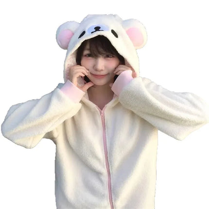 Cute Japan Bear Sleepwear Rilakkuma Y2K Hoodie Pajama Set Girls Fleece Lined Hooded Homewear Suit Autumn Winter Loungewear New