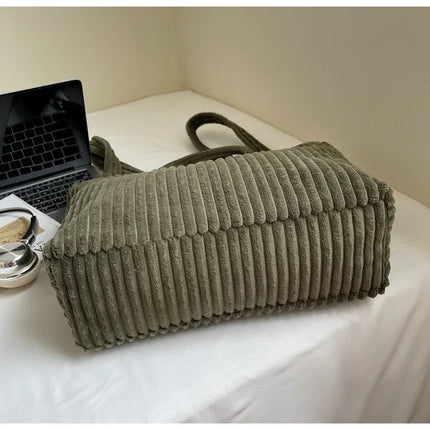 Large Capacity Striped Velvet Handbag Shoulder Bag for Woman Handbags Crossbody Bags, Versatile Letter Corduroy Women's Tote Bag PlatiNum