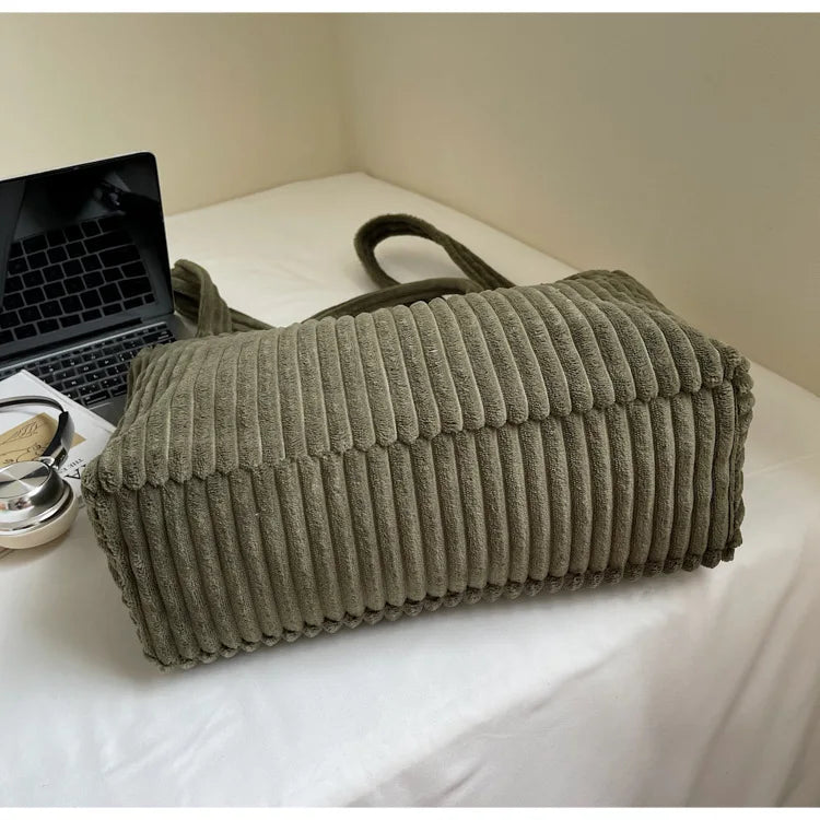 Large Capacity Striped Velvet Handbag Shoulder Bag for Woman Handbags Crossbody Bags, Versatile Letter Corduroy Women's Tote Bag PlatiNum