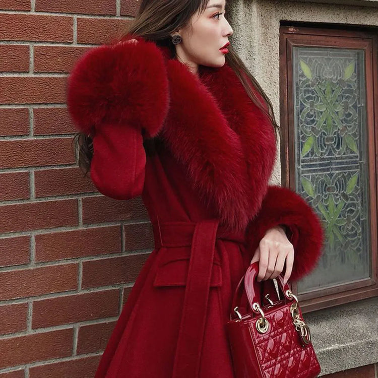 Women Fashion Long Luxury Overcoat Female Winter Coats Fur Collar Warm Elegant Thicken Solid Colo Woolen Jackets Abrigos Mujer