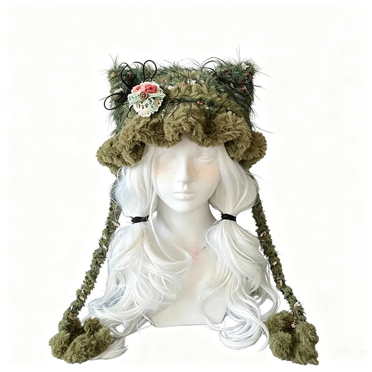 Custom Handmade Crochet Moss Green Fox Ear Hat Women Plush Floral Knitted Beanie Men Goblincore Cosplay Forest Winter Warm Hood
