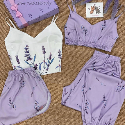 Set da 4 pezzi pigiameria da donna in raso di seta pigiama Set estivo con scollo a v cinturino da notte pigiama Homewear Fox Animal Flower Print Clothes