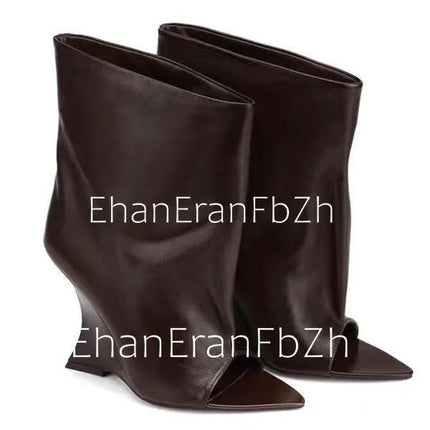 2025Ladies' Spring and Summer New Fish Mouth Slope High Heel Knee Boots, Fashionable Pointed Fashion Show Medium Cool Boots PlatiNum