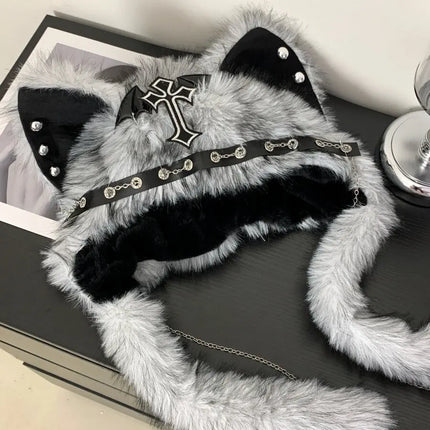 Dark Series Gothic Plush Hat Y2K Cross Metal Style Headwear Cosplay Cat Ear Hat Halloween Punk Rock Warm Cap for Women Men Child