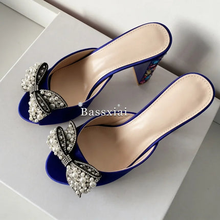 Sandali con tacco alto da donna estivi in seta blu con strass colorati e decorazioni a nodo a farfalla in cristallo per ragazze