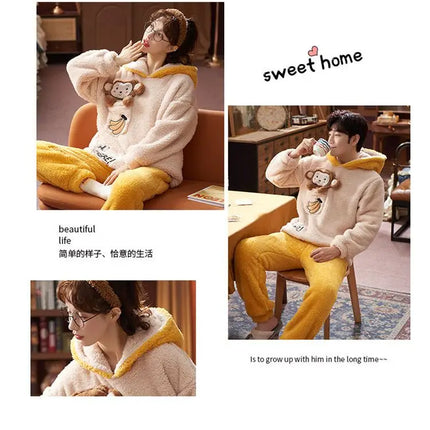 Couples Pajamas Women Men Winter Thicken Pyjamas Sleepwear Cartoon Dinosaur Korean Lovers Homewear Soft Warm Hoodies Pijama