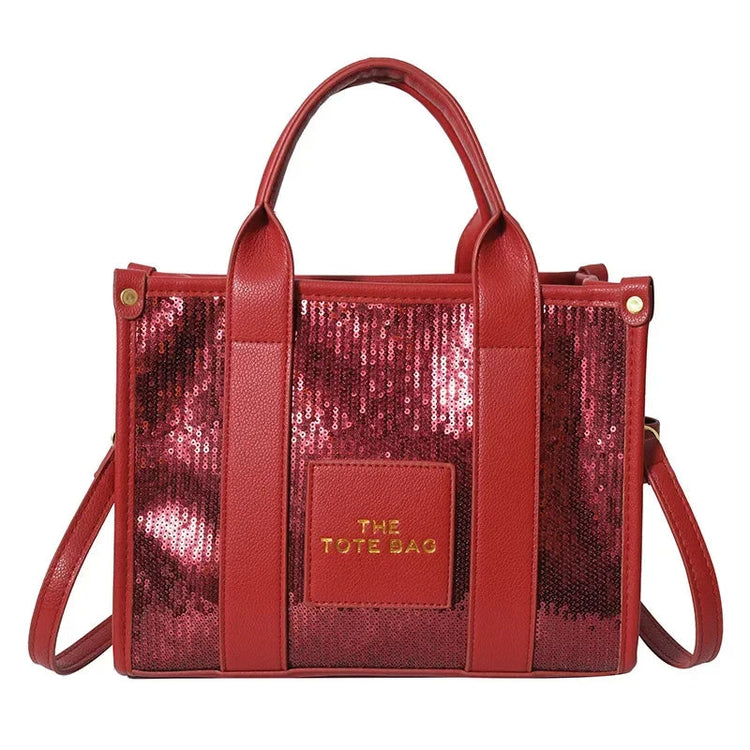 Sequins Top-Handle Bags Fashion PU Leather Shoulder Bag Large Capacity Travel Handbag Women Trendy Casual Satchel Tote Purse PlatiNum