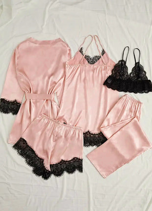 Pigiama da notte in raso da donna Set pigiama rosa Lingerie sexy Accappatoio Patchwork di pizzo Abito da notte in seta Pantaloni Indumenti da notte vestiti per la casa
