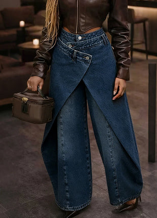Jeans Larghi Vintage in Denim Lavato per Donna, Vita Alta con Asimmetrico Design Incrociato, Stile Y2K Streetwear Casual alla Moda