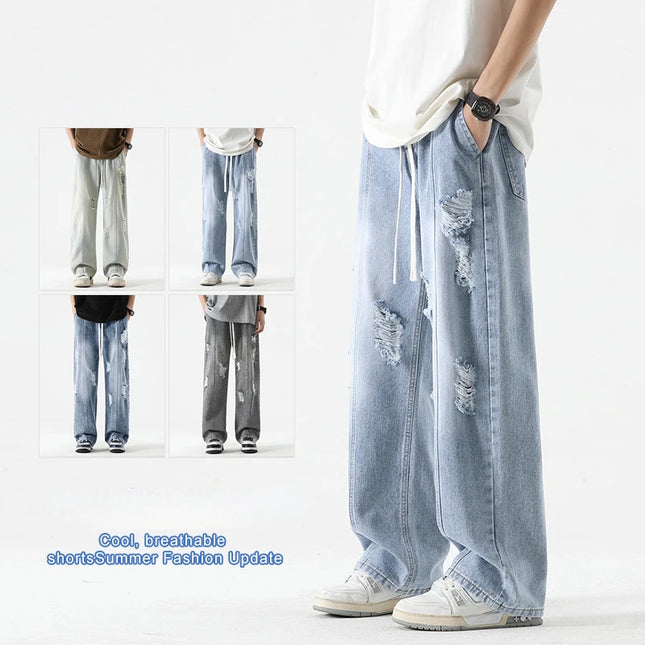 Men's Summer Ripped Jeans Straight Wide Leg Men's Retro Drawstring Casual All-Match Fashion Brand Trousers