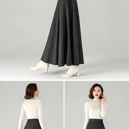 New Women Woolen Plaid Skirt Autumn Winter Fashion Elastic High Waist A-Line Wool Blended Long Skirt Simplicity Vintage Skirt PlatiNum
