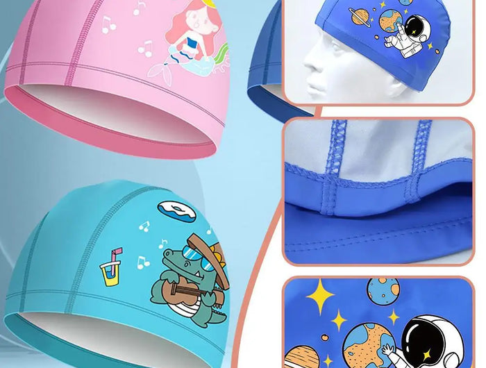 Cuffia da nuoto per bambini in tessuto PU cuffia da nuoto con turbante elastico per ragazzi e ragazze, comodi cappelli da bagno per piscina estensibili