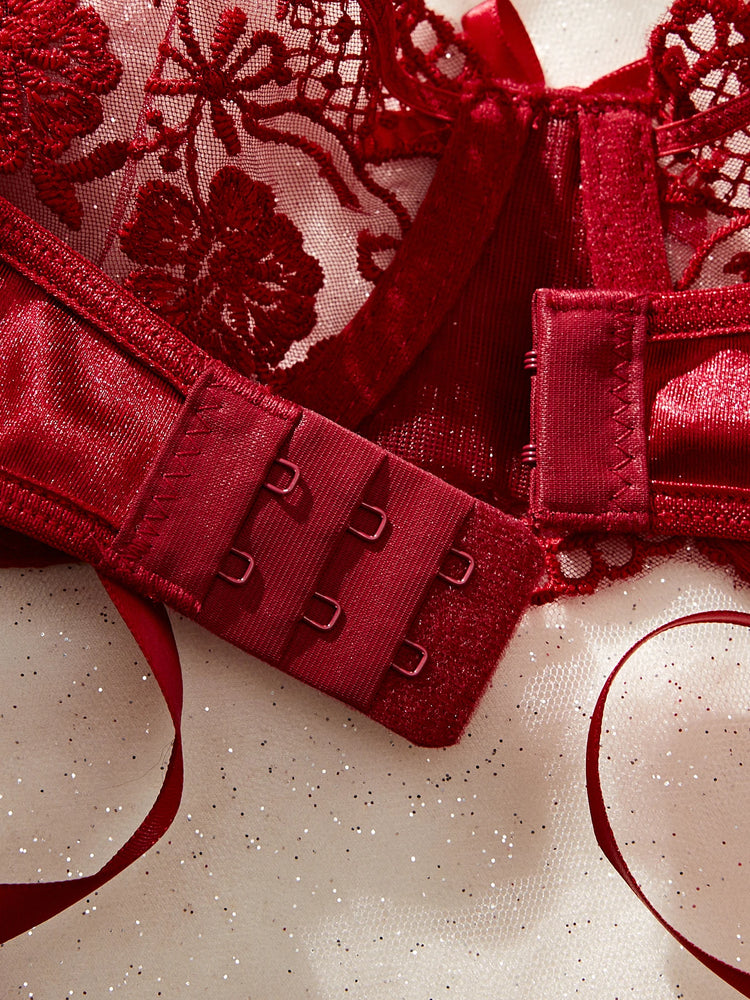 Lady Floral Embroidery Lingerie Set Women Sheer Bra and Brief Underwear Set Satin Sexy Intimates Underwear