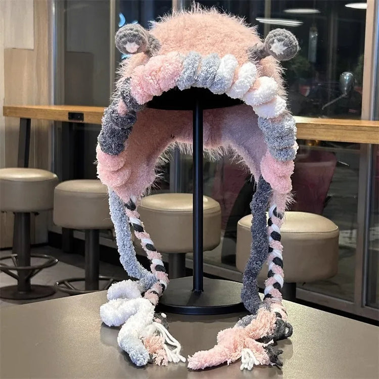 2025 Funny Monster Furry Hat for Women Autumn Winter Knitted Beanie with Braid Warm Ear Protection Hand Crochet Skullies