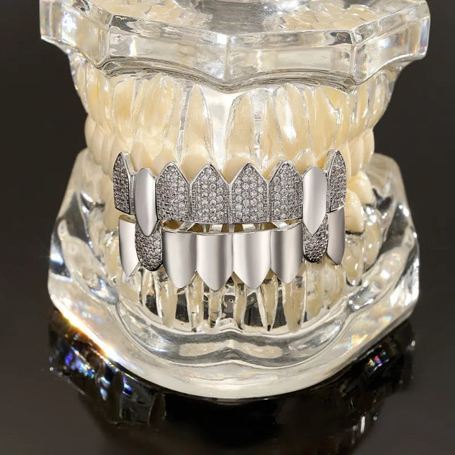 Hip Hop Full CZ Stone Teeth Grillz Caps Cubic Zircon Iced Out Micro Pave Top&Bottom Charm Grills for Men Women Punk Jewelry PlatiNum
