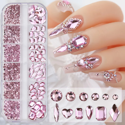 12 Grids Mixed Size Nail Rhinestones SS6 to SS30 Shiny Clear Gold Pink Blue Flat Back Glass Gems for DIY Nail Art Manicure Decoration Supply