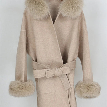 OFTBUY Omen Double Face Wool Coat Natural Fur Coat Wool Blend Jacket Winter Warm Elegant Long Sleeve Fur Cuffs Fashion Outerwear