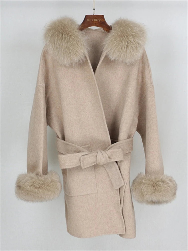 OFTBUY Omen Double Face Wool Coat Natural Fur Coat Wool Blend Jacket Winter Warm Elegant Long Sleeve Fur Cuffs Fashion Outerwear