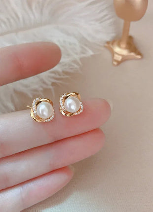 Gioielli in oro 14k di lusso Orecchini in oro reale Zircone Perla Twist Orecchini a bottone di lusso per le donne Brincos Pendientes Bijoux platinumshop