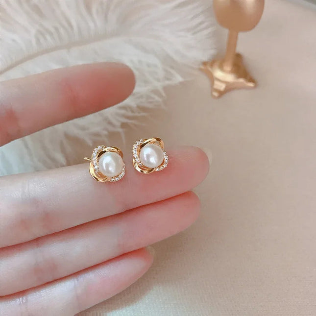 Gioielli in oro 14k di lusso Orecchini in oro reale Zircone Perla Twist Orecchini a bottone di lusso per le donne Brincos Pendientes Bijoux platinumshop