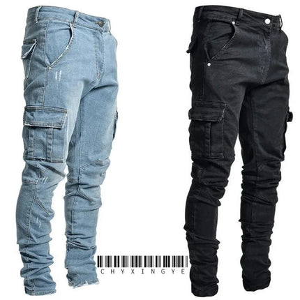 new Jeans Men Pants Wash Solid Color Multi Pockets Denim Mid Waist Cargo Jeans Plus Size Fahsion Casual Trousers Male Daily Wear PlatiNum