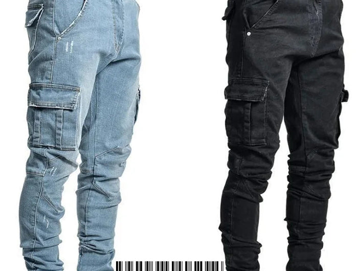 2025 New Men Street Elastic Denim Brand Jeans Narrow Legs Multi Pockets Cargo Pants Casual Slim Fit Daily Wear Joggers Mid Waist PlatiNum