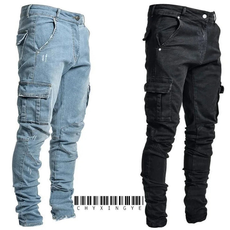 2025 New Men Street Elastic Denim Brand Jeans Narrow Legs Multi Pockets Cargo Pants Casual Slim Fit Daily Wear Joggers Mid Waist PlatiNum