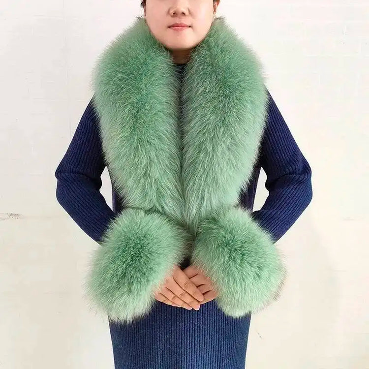 Real Fur Collar And Cuffs Set Winter Coat Accessories Women Fluffy Large Fur Shawl Neak Warm Fox Fur Scarf Furry Scarves Female