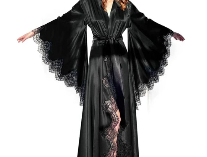 Vestaglie da donna Indumenti da notte Pigiama kimono Puro lungo raso di seta nera con finiture in pizzo Abito fotografico Abito da sposa Abito da sposa Servizio fotografico