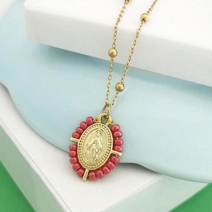 QMHJE Collana con ciondolo Vergine Maria Collana da donna con croce Girocollo Perline Catena in acciaio inossidabile Colore oro Boho Bianco Nero Rosa