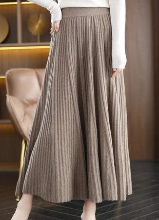 100% Merino Wool Women’s Knitted Skirt Spring Autumn Winter  Long Pleated Grace Skirts High Waist A-Line Cashmere Comfortable PlatiNum