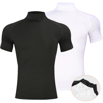 Mens Bodybuilding Sports Tight T-shirt Summer Compression Turtleneck Short Sleeve Gym Fitness Running Quick Dry Male Workout Top PlatiNum
