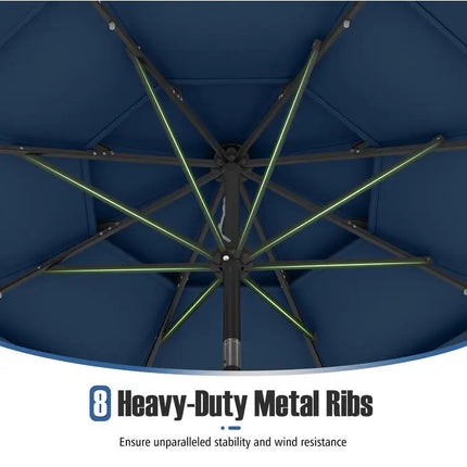 Ombrellone da patio solare da 10 piedi con 32 luci a LED, parte superiore ventilata a 3 livelli, colore blu navy