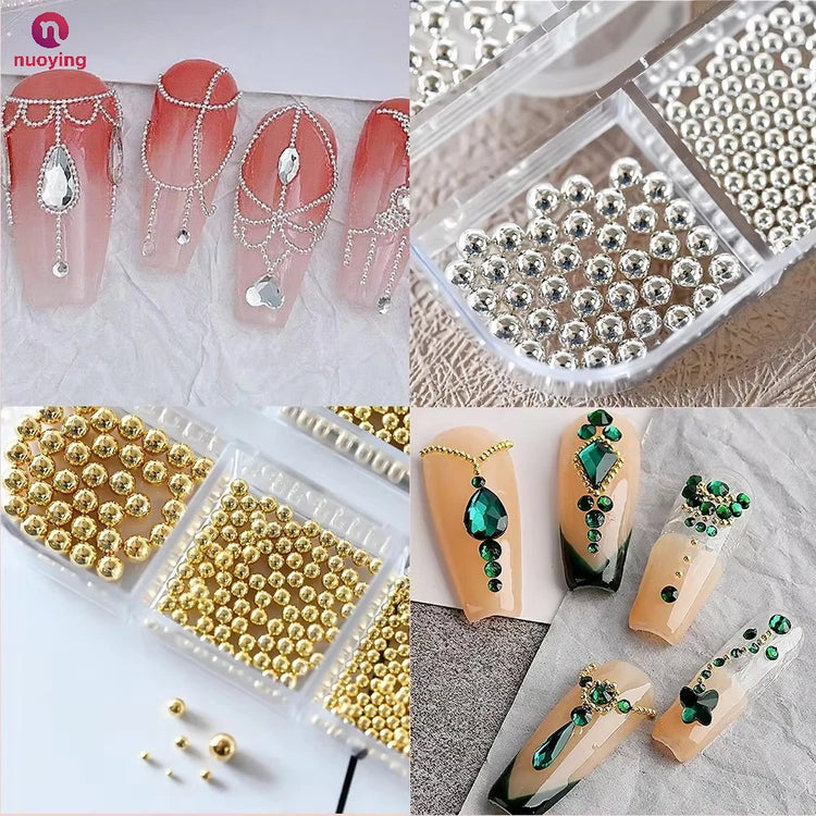12Grid Metal Micro Caviar Beads Nail Art Charms, Gold Silver Mini Balls, 3D Nail Gem Decor with Magnetic Pen for DIY Nail Decoration