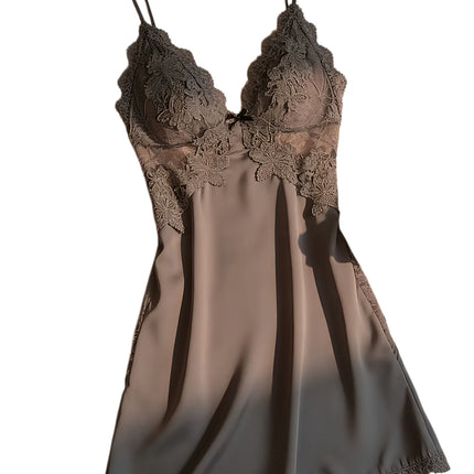Camicia da Notte Sexy da Donna con Imbottitura sul Seno, in Raso e Pizzo, Scollo a V Profondo, Pigiama in Seta, Lingerie con Spalline, Abbigliamento per Casa