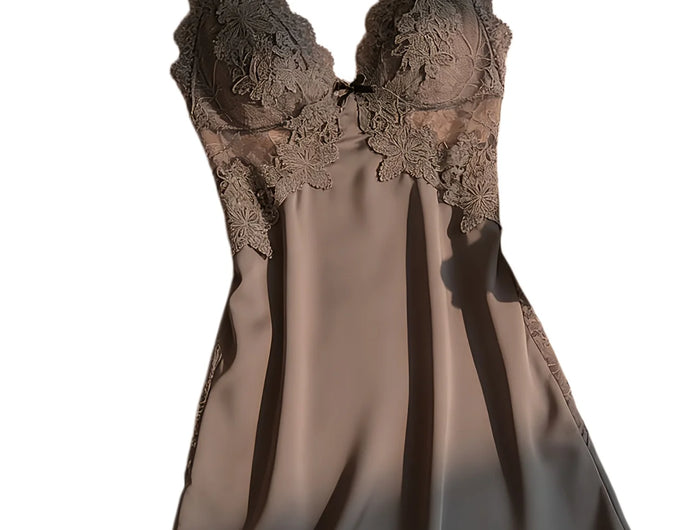 Camicia da Notte Sexy da Donna con Imbottitura sul Seno, in Raso e Pizzo, Scollo a V Profondo, Pigiama in Seta, Lingerie con Spalline, Abbigliamento per Casa