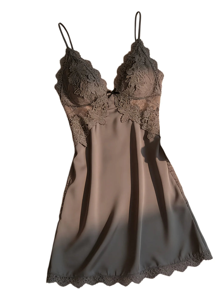 Camicia da Notte Sexy da Donna con Imbottitura sul Seno, in Raso e Pizzo, Scollo a V Profondo, Pigiama in Seta, Lingerie con Spalline, Abbigliamento per Casa