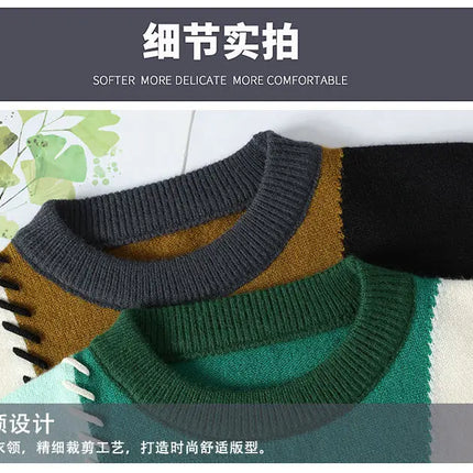 Autumn Winter Warm Mens Knitted Sweaters Fashion Patchwork O Neck Knit Pullovers Korean Streetwear Pullover Casual Mens Clothing