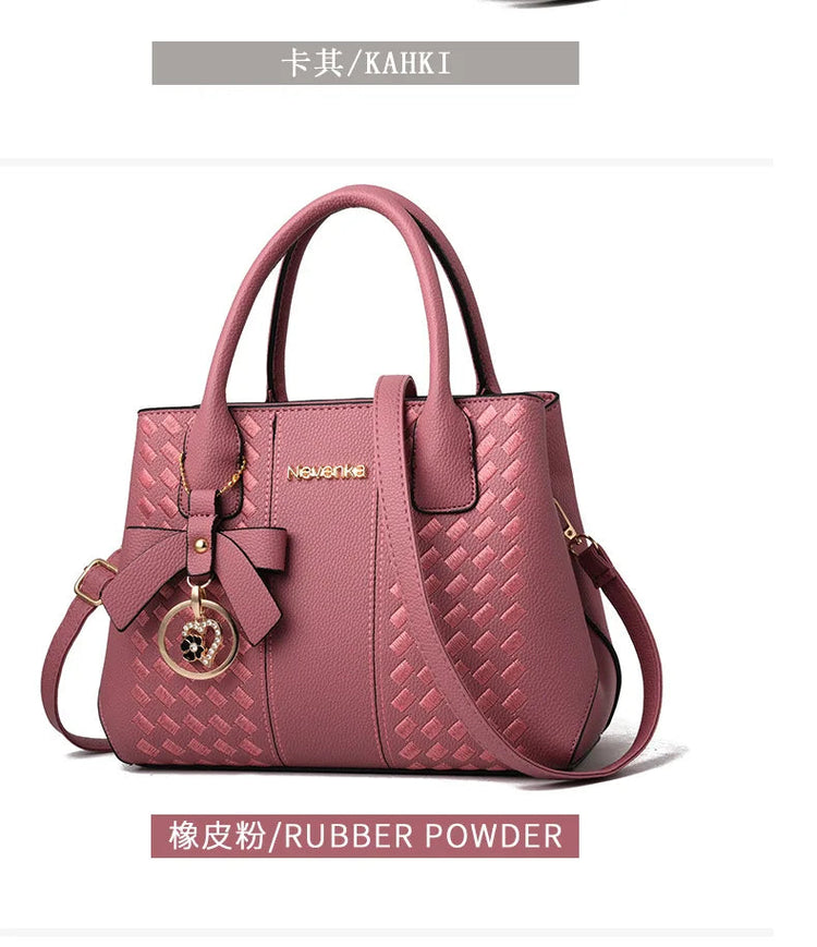 Bow Metal Pendant Top Handle Satchel Crossbody Bag, PU Leather Textured Bag Purse, Classic Versatile Fashion Shoulder Bag PlatiNum