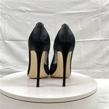Scarpe con strass in rete traspirante Donna 8CM 10CM 12CM Décolleté a spillo Moda Punta a punta Serata estiva Tacchi alti Nero