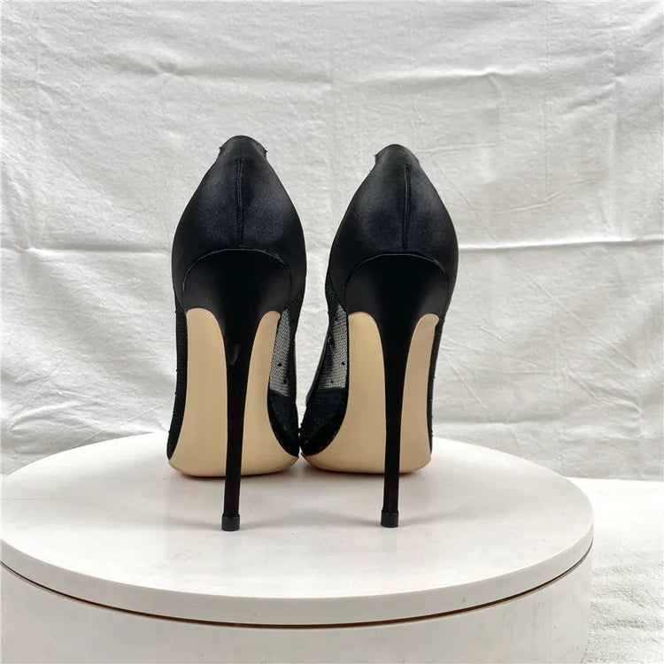 Scarpe con strass in rete traspirante Donna 8CM 10CM 12CM Décolleté a spillo Moda Punta a punta Serata estiva Tacchi alti Nero