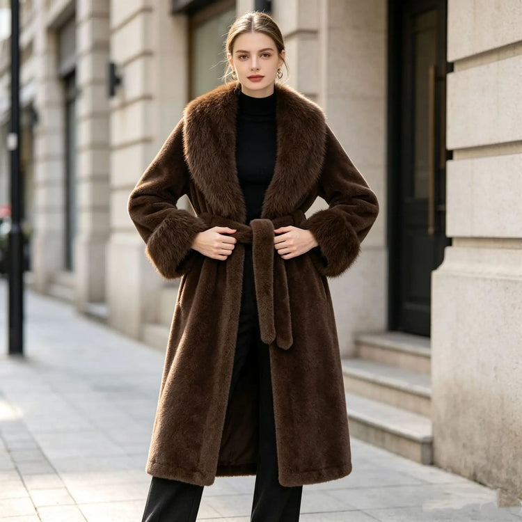 Women's Winter Trench Coat with Large Lapels, Faux Fox Fur Long Coat, Over-the-Knee Jacket