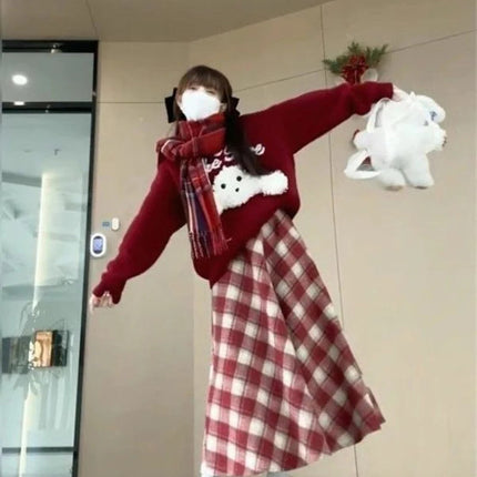 Red Plaid Midi Skirt Women Fall Winter Vintage High Waist Sweet Woolen Cloth Skirts Retro Loose Preppy Aesthetic Female Skirt PlatiNum